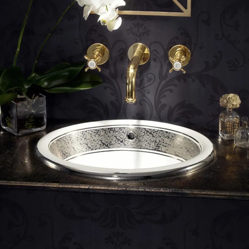 Lavabo semiencastrado en Fire Clay con banda en diferentes acabados - Botticino Viadurini