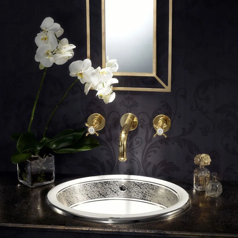 Lavabo semiencastrado en Fire Clay con banda en diferentes acabados - Botticino Viadurini