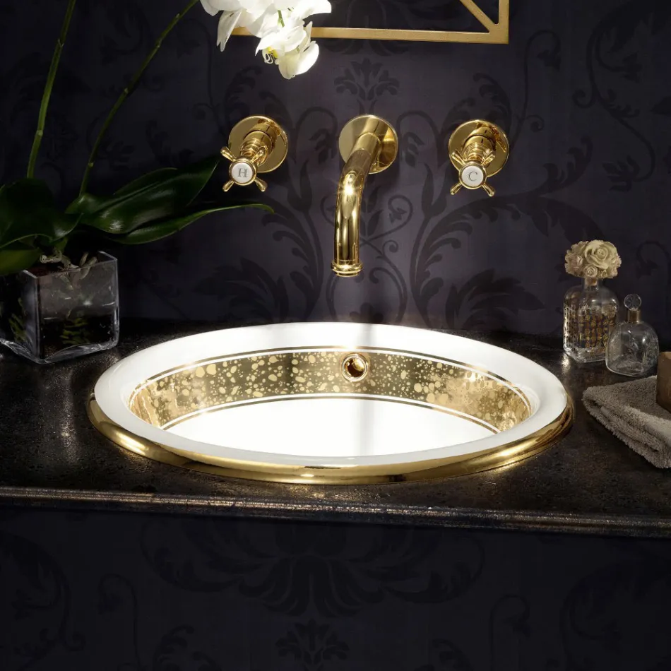 Lavabo semiencastrado en Fire Clay con banda en diferentes acabados - Botticino Viadurini