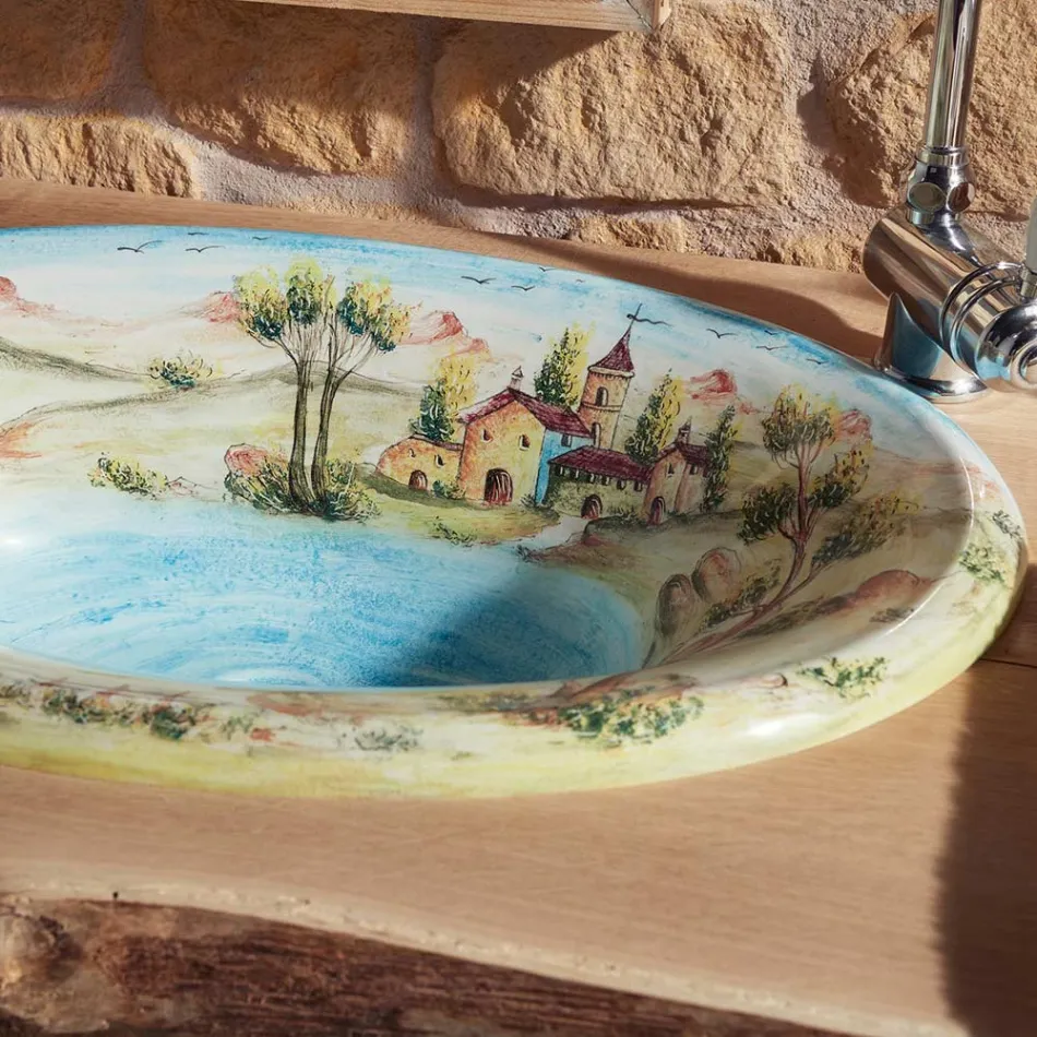 Lavabo semiencastrado en Fire Clay con Paisaje de Deruta Made in Italy - Principe Viadurini