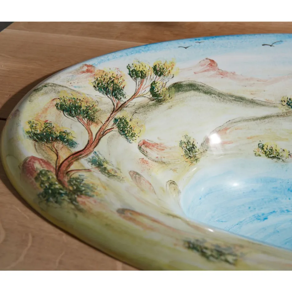 Lavabo semiencastrado en Fire Clay con Paisaje de Deruta Made in Italy - Principe Viadurini