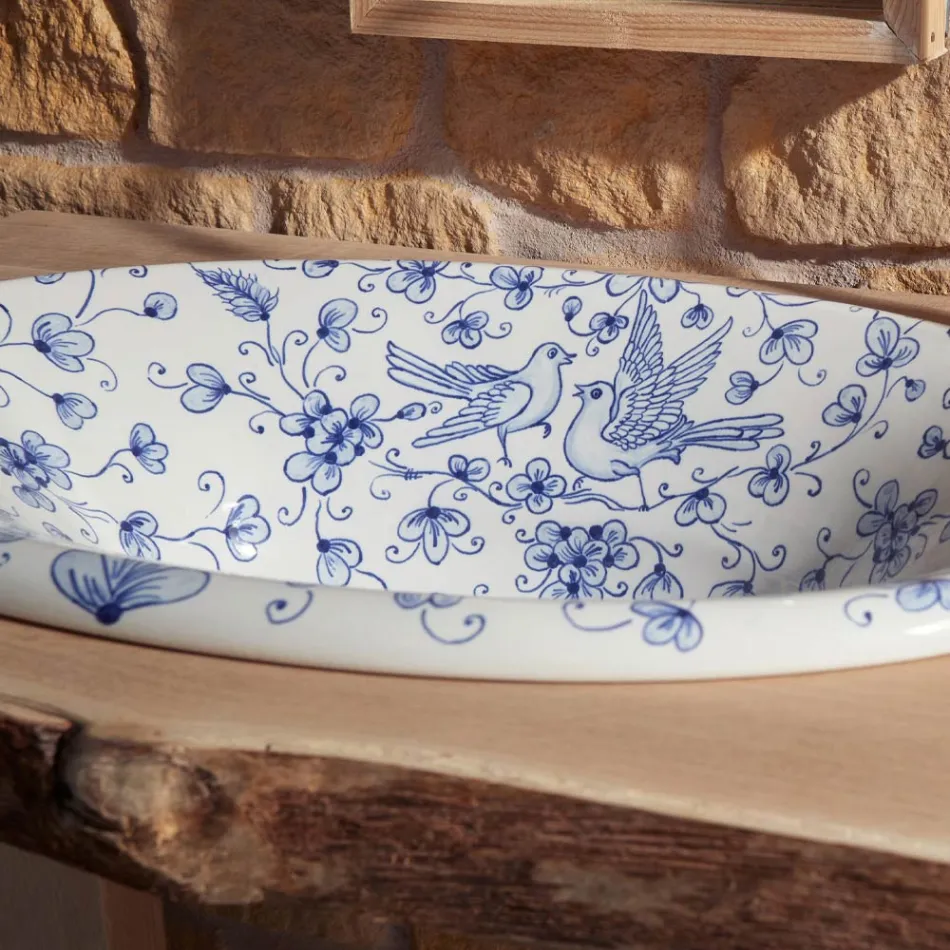 Lavabo semiencastrado en arcilla refractaria pintada a mano Made in Italy - Principe Viadurini