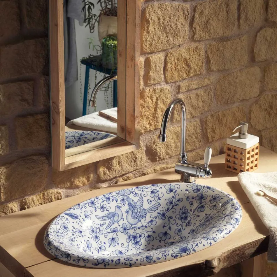 Lavabo semiencastrado en arcilla refractaria pintada a mano Made in Italy - Principe Viadurini