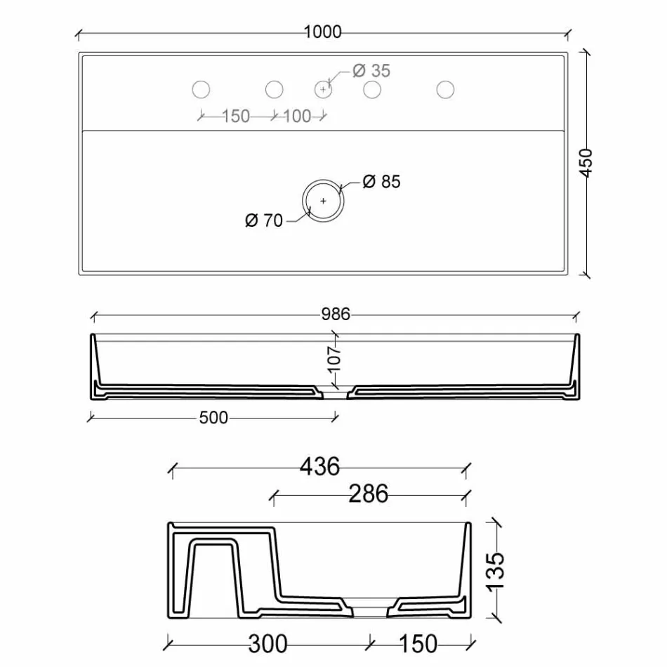 Lavabo suspendido de cerámica de diseño moderno Sun 100x45 cm made in Italy Viadurini
