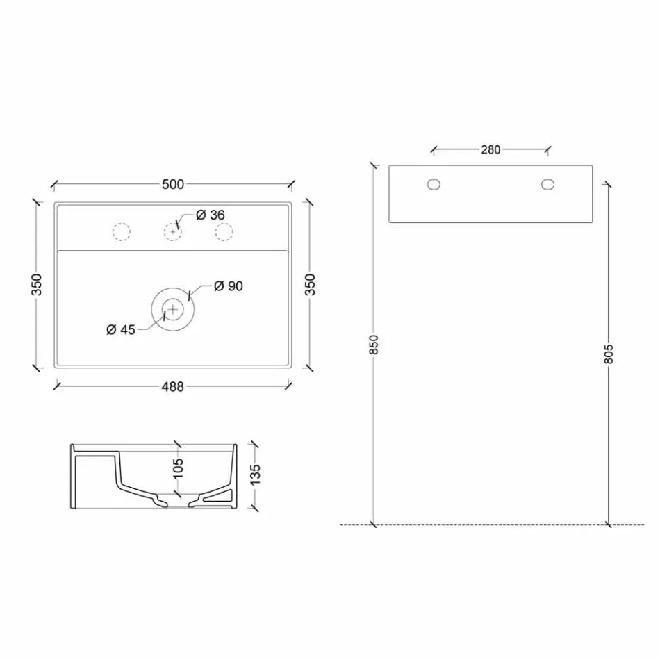 Lavabo suspendido de cerámica Sun 50x35 cm, disponible en varios colores Viadurini