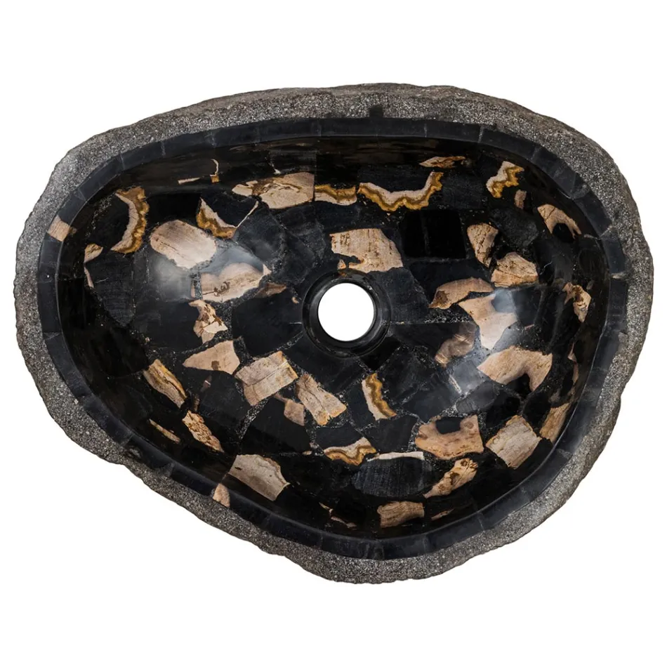 Fregadero sobre encimera hecho a mano en piedra de río, Palizzi Viadurini