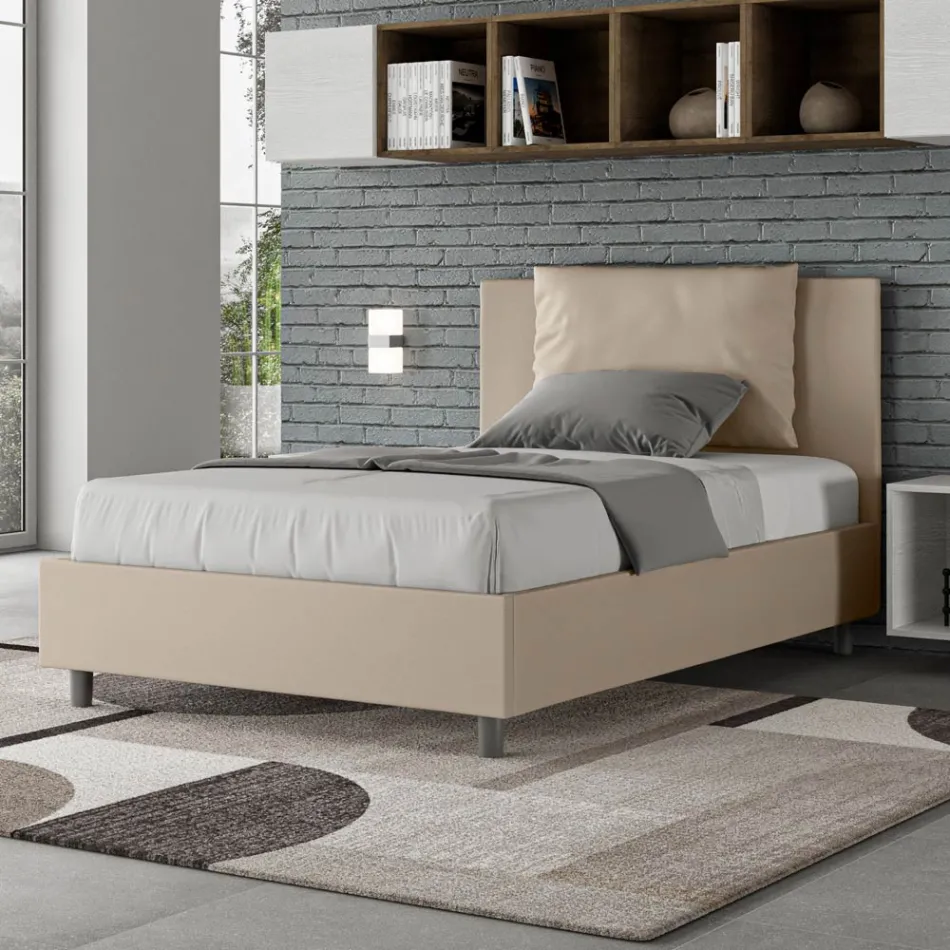 Cama de 120x200 cm con cabecero y cojines de piel sintética. Fabricada en Italia - Olimpiadi Viadurini