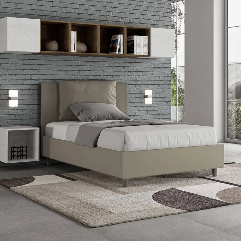 Cama de 120x200 cm con cabecero y cojines de piel sintética. Fabricada en Italia - Olimpiadi Viadurini
