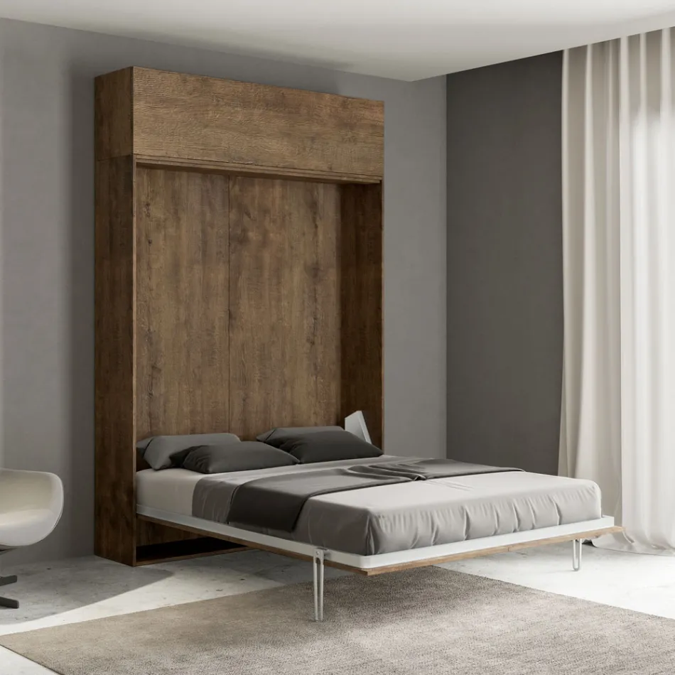 Cama Queen con compartimento abatible vertical y unidad de pared - Magicompare Viadurini