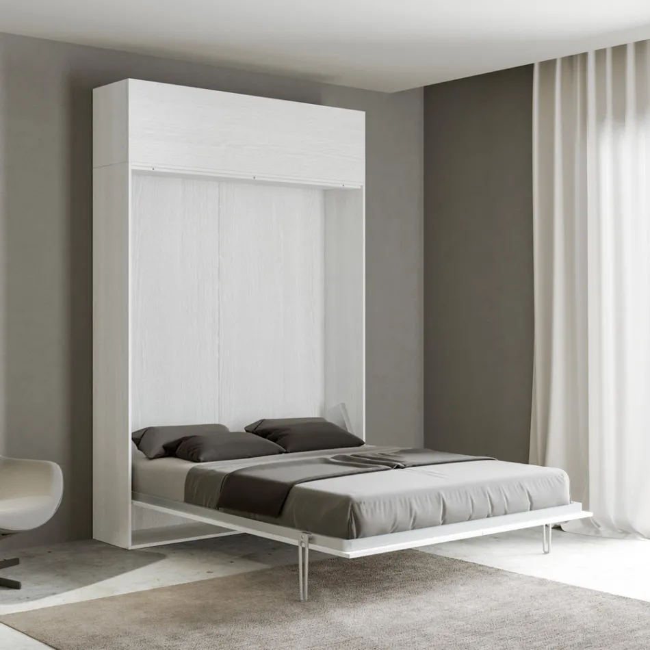 Cama Queen con compartimento abatible vertical y unidad de pared - Magicompare Viadurini