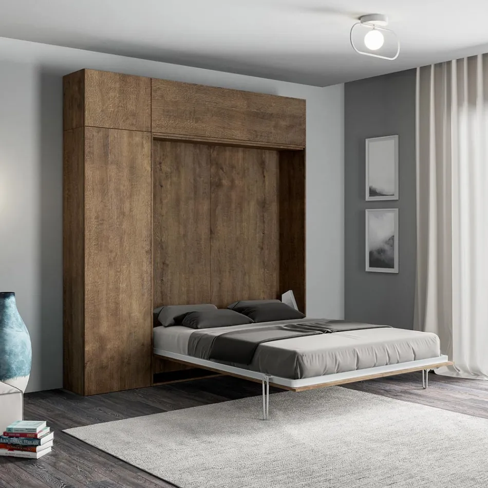 Cama francesa plegable vertical con mueble de pared y columna - Magicompare Viadurini