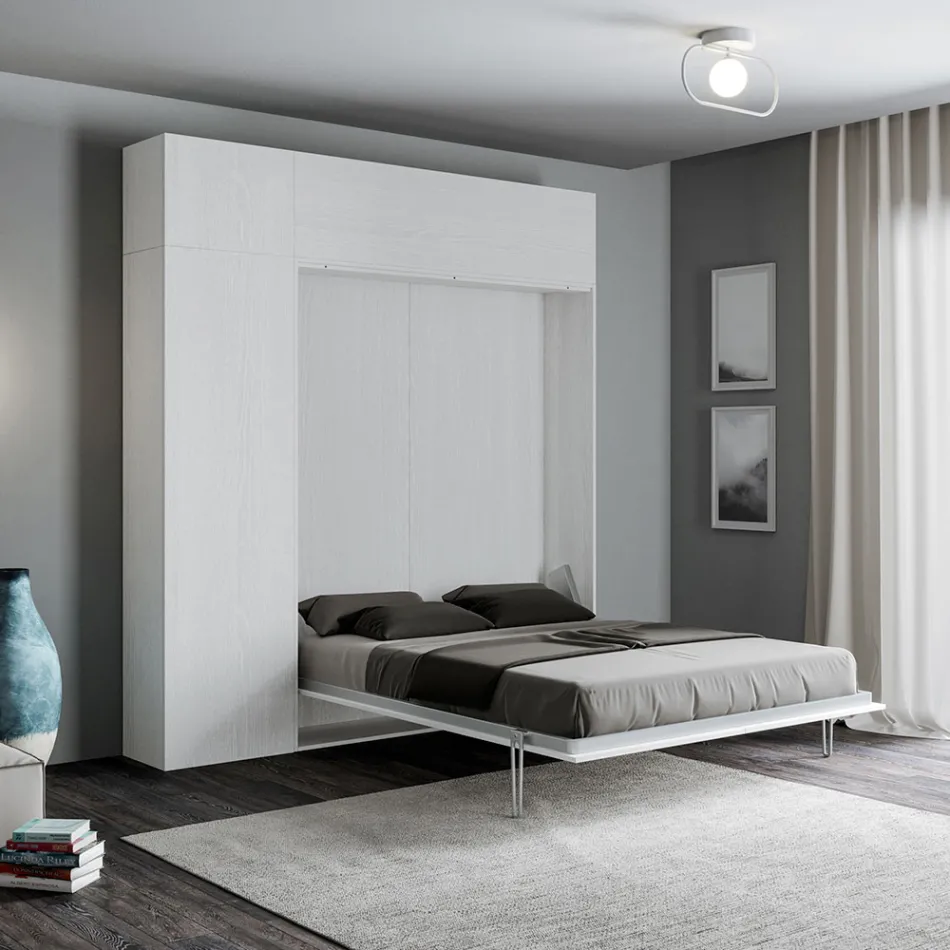Cama francesa plegable vertical con mueble de pared y columna - Magicompare Viadurini