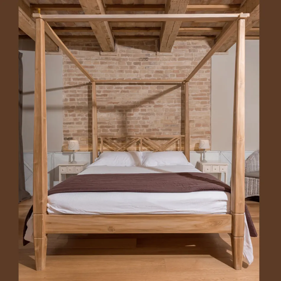 Cama doble de 160x200 con dosel en madera maciza de teca - Acuarela Viadurini