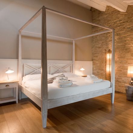 Cama doble de 160x200 con dosel en madera maciza de teca - Acuarela Viadurini