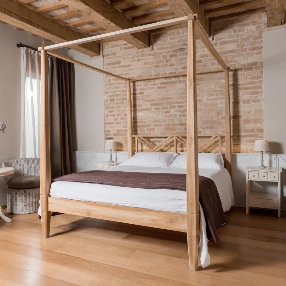 Cama doble de 180x200 con dosel en madera maciza de teca - Tempera Viadurini