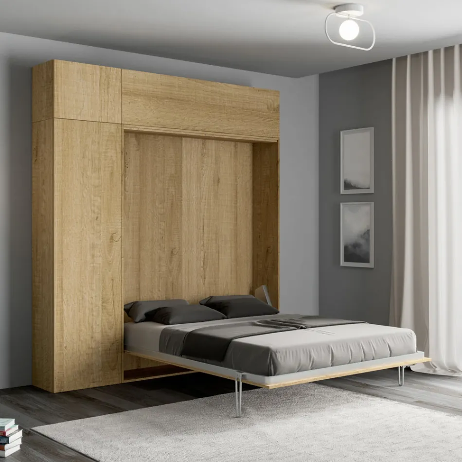 Cama doble plegable vertical con mueble de pared y columna - Magicompare Viadurini