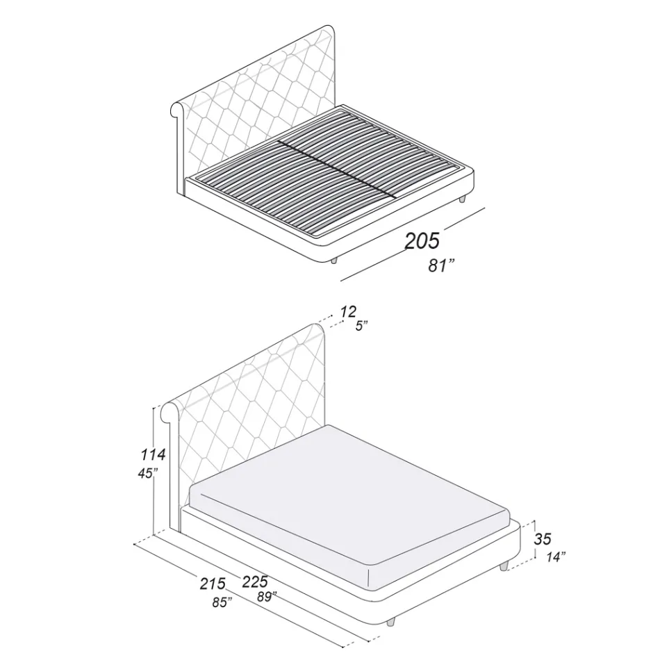 Cama doble con estructura de madera revestida de poliuretano - Volcada Viadurini