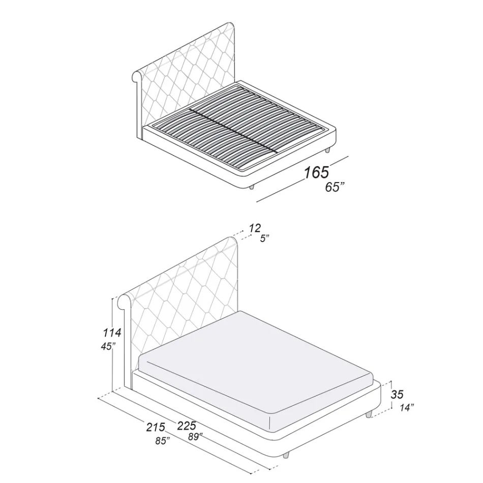 Cama doble con estructura de madera revestida de poliuretano - Volcada Viadurini