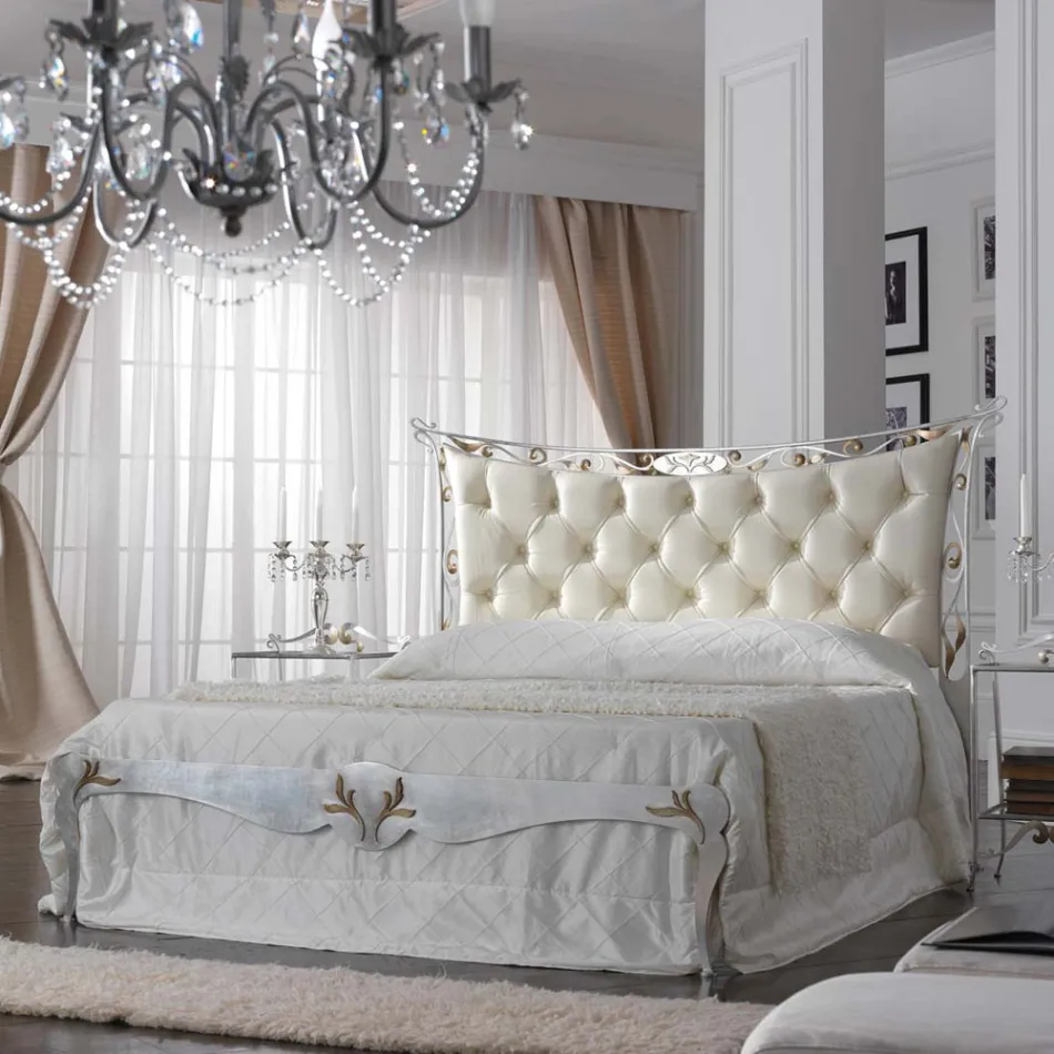 Cama Doble Estilo Clásico en Hierro y Cuero Made in Italy - King Viadurini