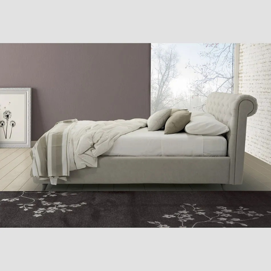 Cama doble tapizada de diseño con mueble de almacenaje Made in Italy - Scarpetta Viadurini
