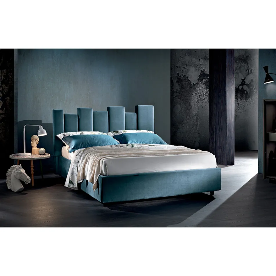 Cama doble de diseño tapizado moderno de alta calidad en azul o gris - Kenzo Viadurini