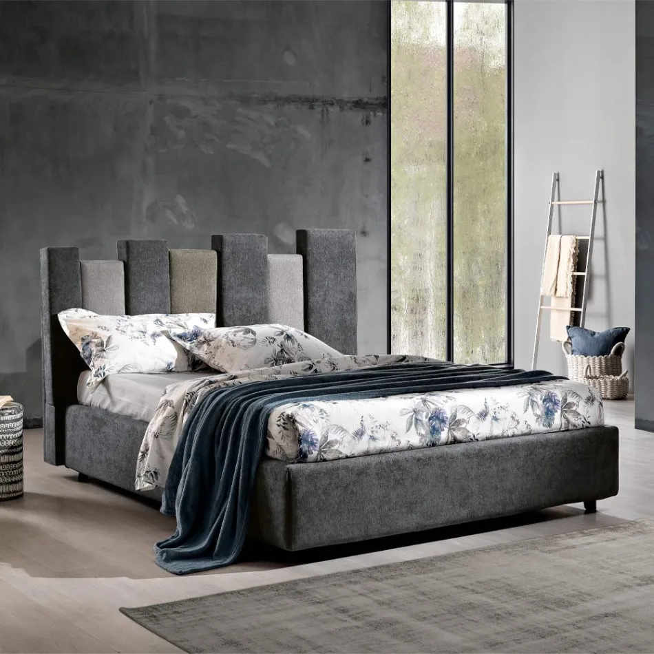 Cama doble de diseño tapizado moderno de alta calidad en azul o gris - Kenzo Viadurini