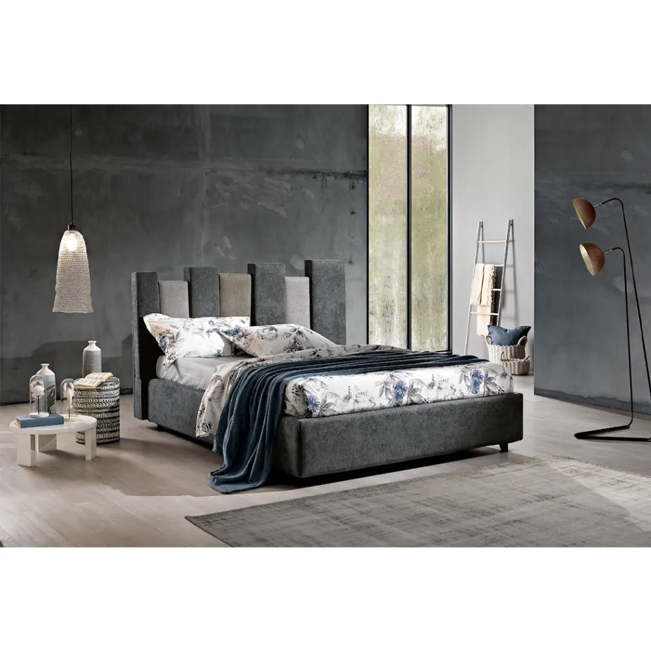 Cama doble de diseño tapizado moderno de alta calidad en azul o gris - Kenzo Viadurini