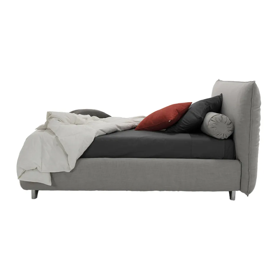 Cama doble tapizada con cajón, tela o ecopiel Made in Italy - Lardino Viadurini