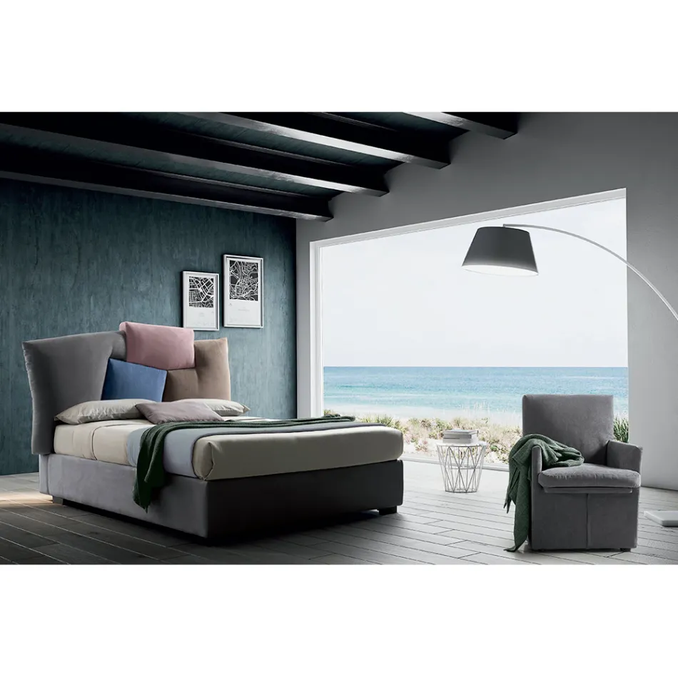 Cama doble tapizada con mueble de almacenamiento de tela - Belle Viadurini
