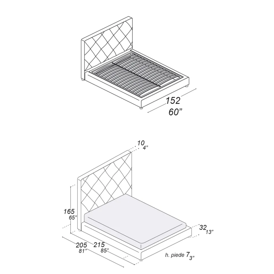Cama doble tapizada revestida en tela o piel - Celebre Viadurini
