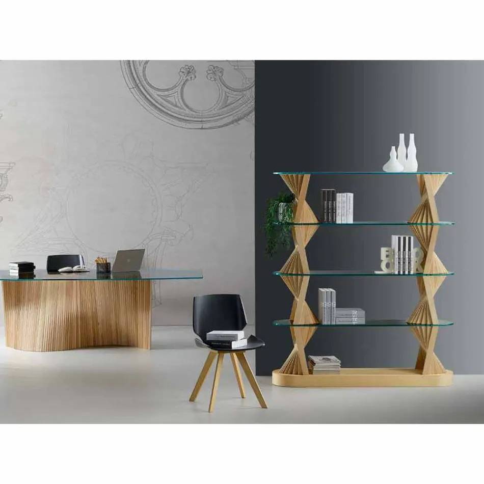 Librería de diseño con suelo de vidrio y madera de fresno Made in Italy - Aspide Viadurini