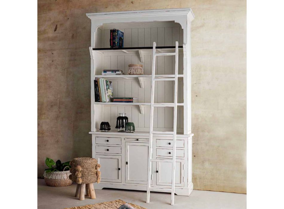 Librería de madera de diseño clásico con escalera decorativa Homemotion - Cedro Viadurini