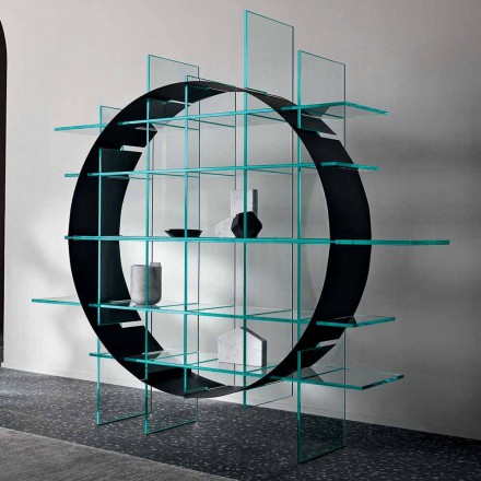 Librería circular independiente en vidrio extraclaro y negro cepillado - Marco Viadurini
