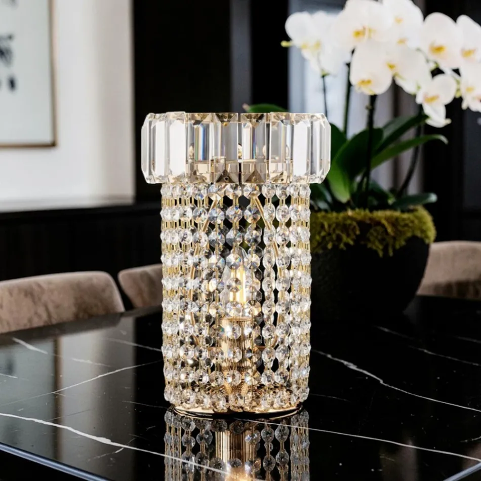 Lámpara de mesa de hierro dorado con diamantes de imitación, fabricada en Italia - Kiev Viadurini