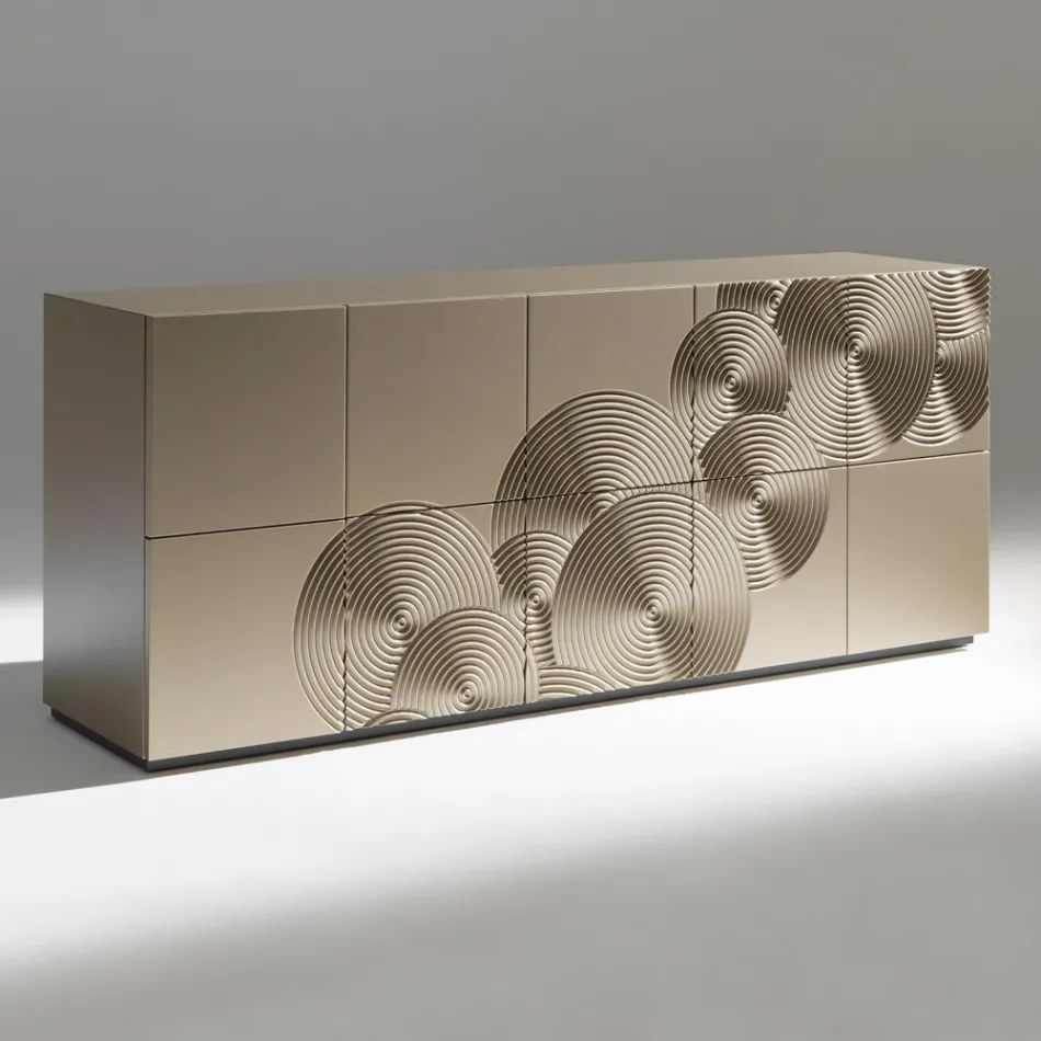 Aparador de 5 puertas en MDF lacado con decoración grabada y acabada a mano - Cangrejo Viadurini