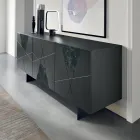 Aparador con 3 puertas de MDF lacado con inserciones de cristal efecto mármol y pantógrafo - Danila Viadurini
