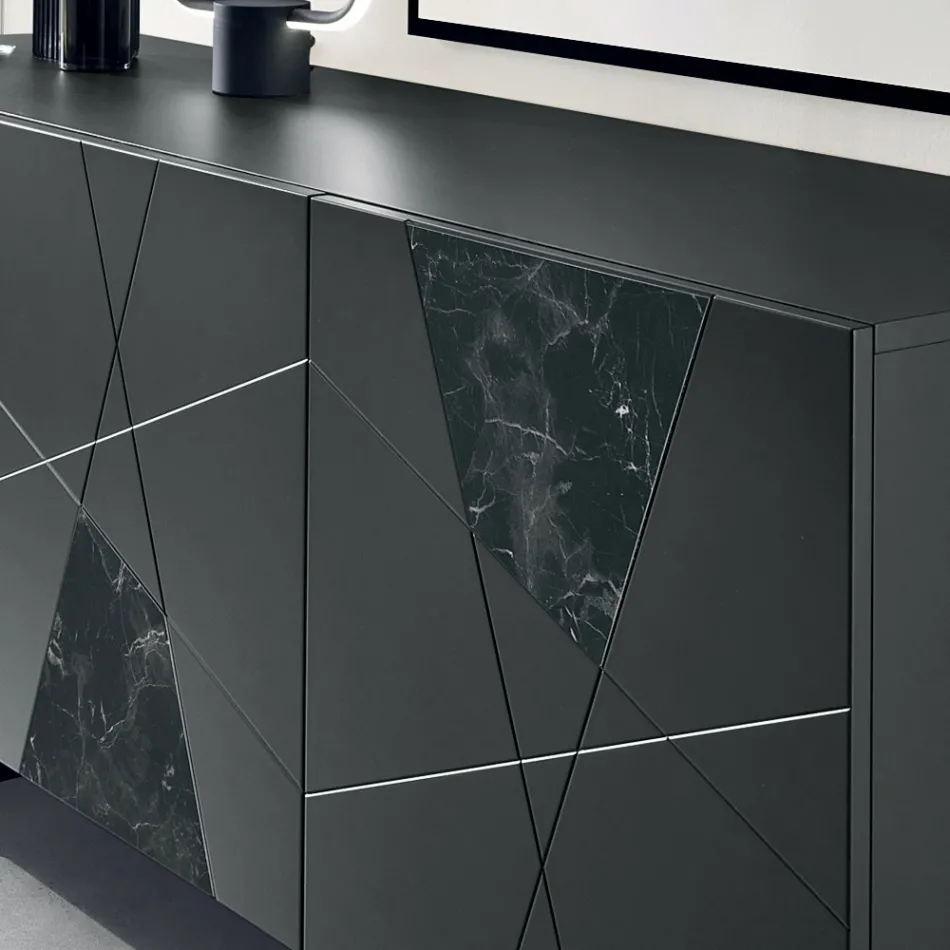 Aparador con 3 puertas de MDF lacado con inserciones de cristal efecto mármol y pantógrafo - Danila Viadurini