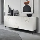 Aparador con 3 puertas de MDF lacado con inserciones de cristal efecto mármol y pantógrafo - Danila Viadurini