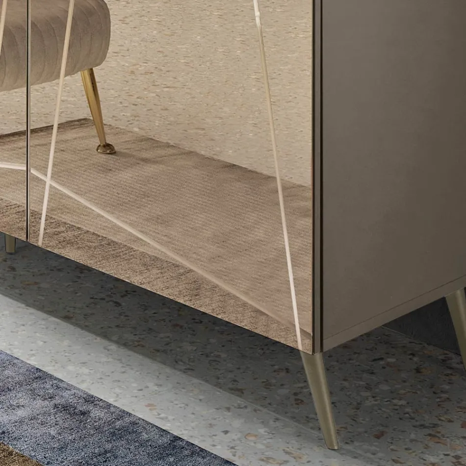 Aparador con 3 puertas de cristal espejado y base metálica - Eleonora Viadurini