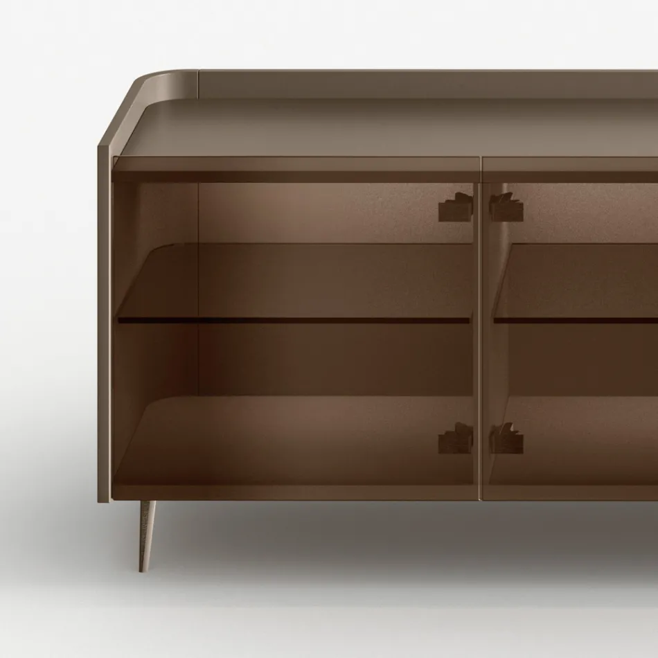 Aparador curvo de madera lacada con puertas de cristal bronce. Fabricado en Italia - Lyra Viadurini