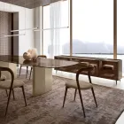 Aparador curvo de madera lacada con puertas de cristal bronce. Fabricado en Italia - Lyra Viadurini