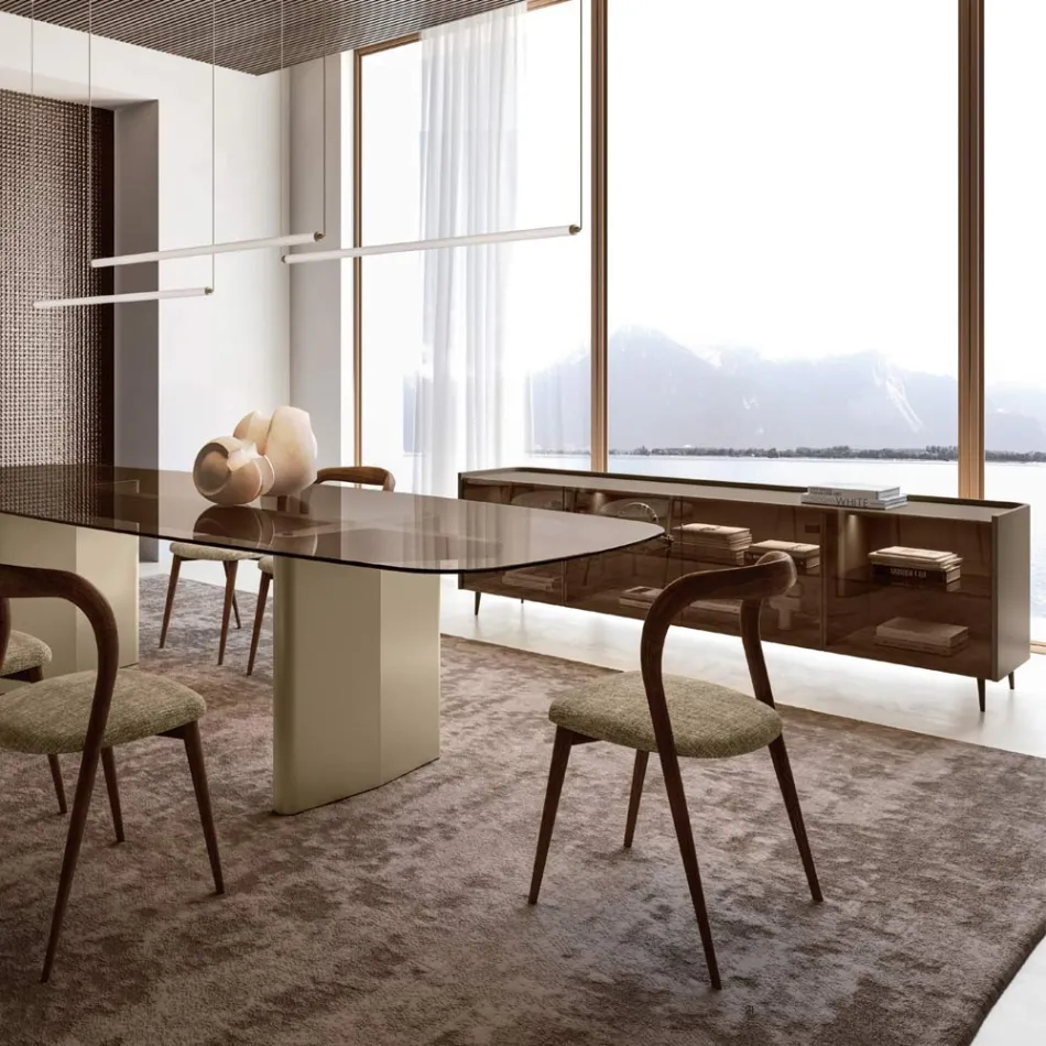 Aparador curvo de madera lacada con puertas de cristal bronce. Fabricado en Italia - Lyra Viadurini