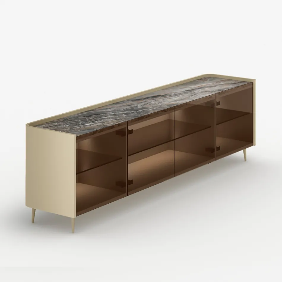 Aparador curvo de madera lacada con puertas de cristal bronce. Fabricado en Italia - Lyra Viadurini