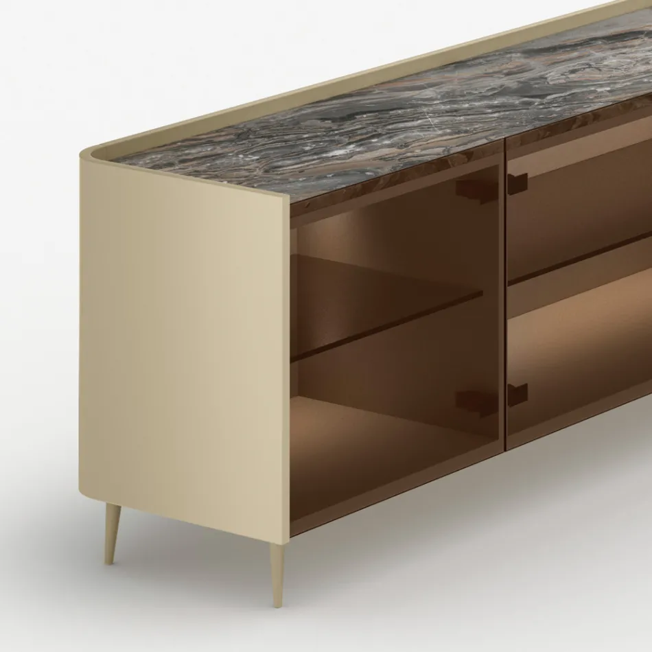 Aparador curvo de madera lacada con puertas de cristal bronce. Fabricado en Italia - Lyra Viadurini