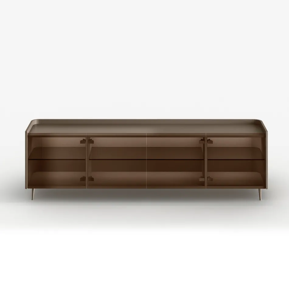 Aparador curvo de madera lacada con puertas de cristal bronce. Fabricado en Italia - Lyra Viadurini