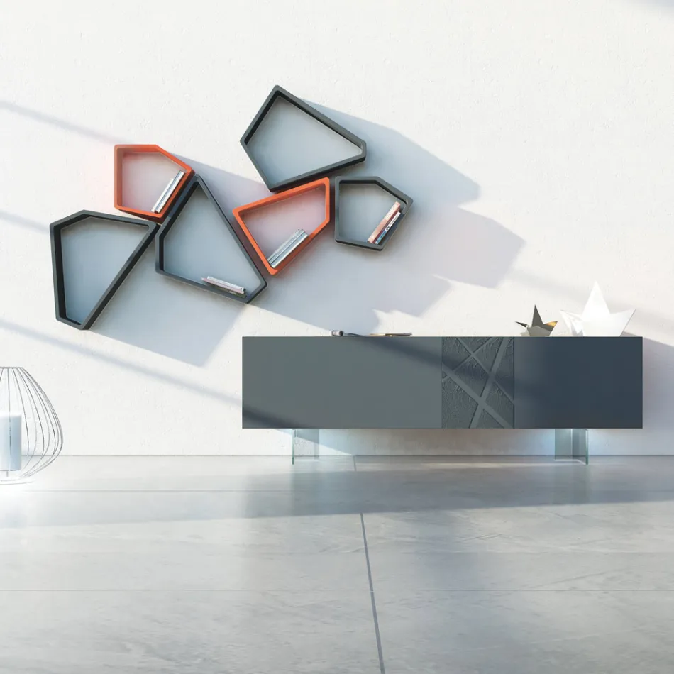 Aparador en Mdf gris grafito con pies de vidrio Made in Italy - Zelia Viadurini