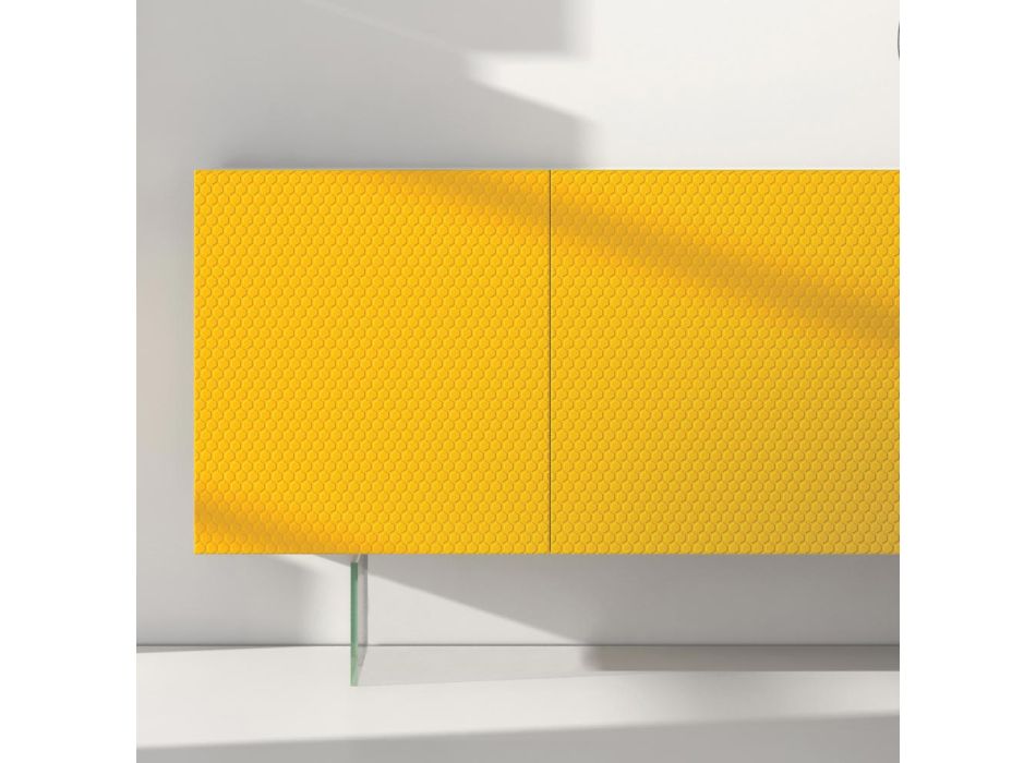 Aparador de mdf lacado amarillo con 3 puertas y pies de vidrio Made in Italy - Ciara Viadurini