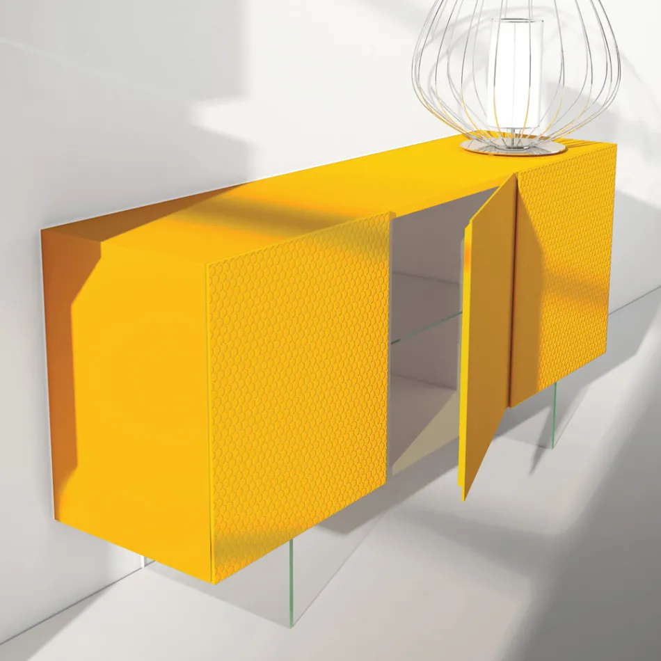 Aparador de mdf lacado amarillo con 3 puertas y pies de vidrio Made in Italy - Ciara Viadurini