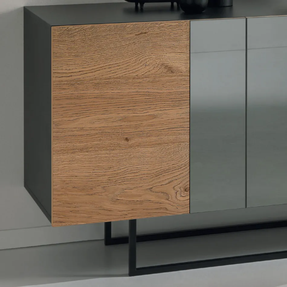 Aparador en melamina con 3 puertas de roble y espejo Made in Italy - Romina Viadurini