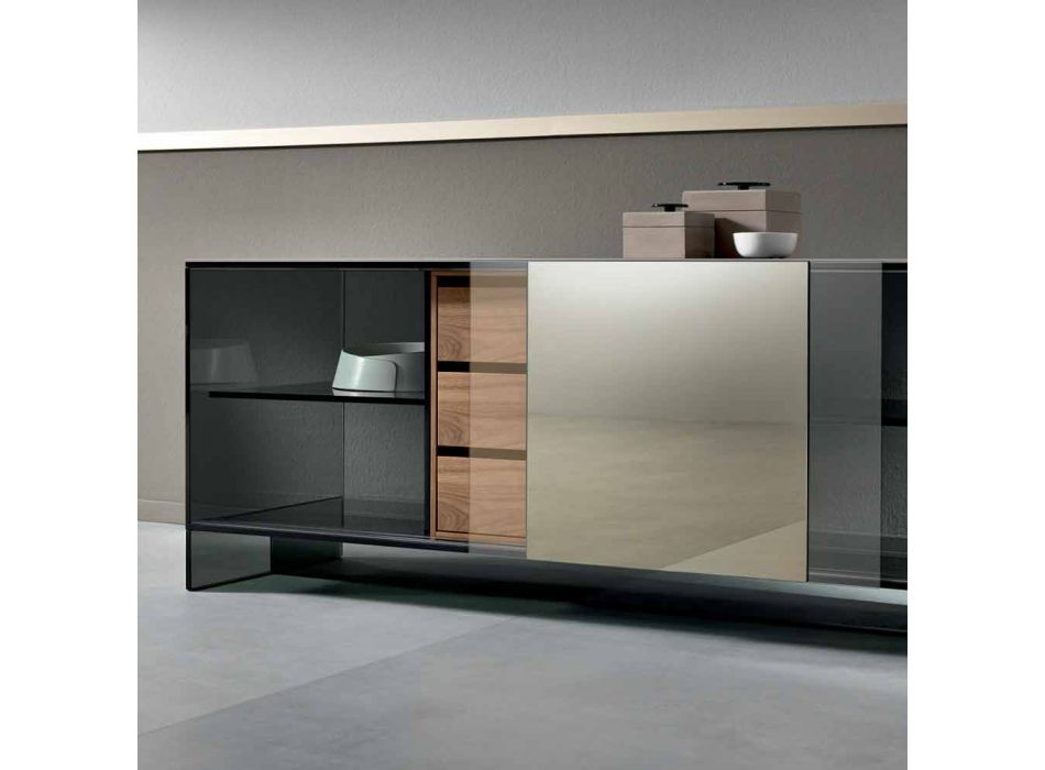 Aparador de sala de estar de vidrio ahumado con puerta de espejo de bronce Made in Italy - Silly